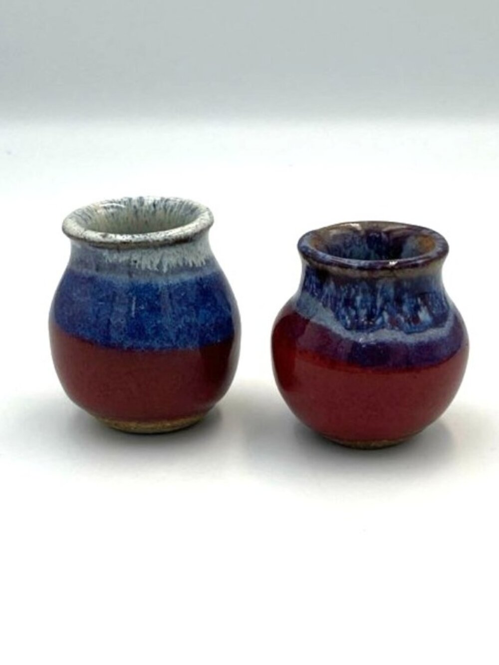 Handmade Pottery Pots Vases Vessels Blue & Red Mini Set of 2
